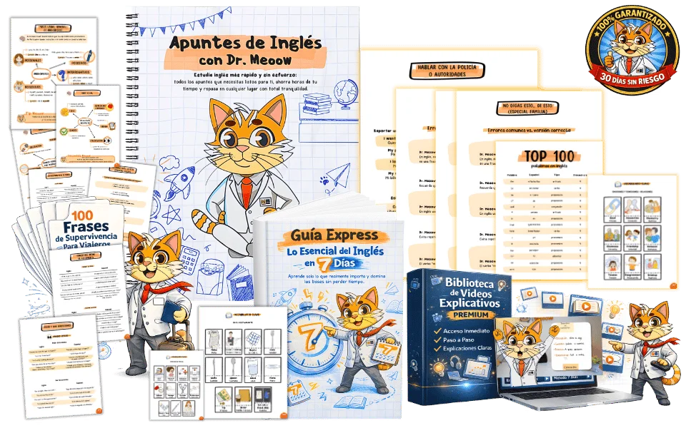 Mockup completo de los Apuntes Digitales Dr. Meoow con todos los bonos incluidos: 100 Frases de Supervivencia, Guía Express y Biblioteca de Videos Premium
