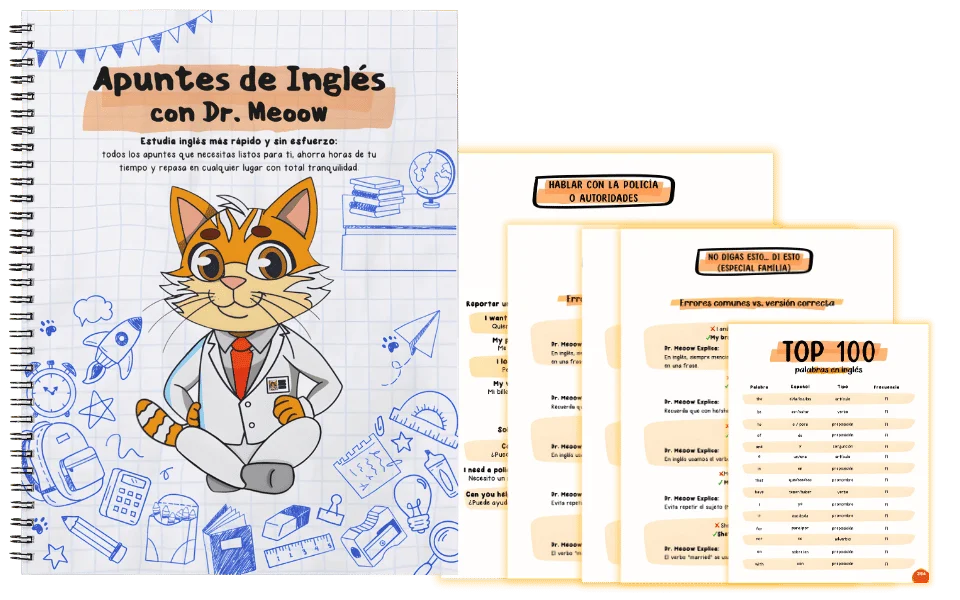 Cuaderno principal de los Apuntes Dr. Meoow con páginas individuales: TOP 100 palabras, expresiones cotidianas, errores comunes y más