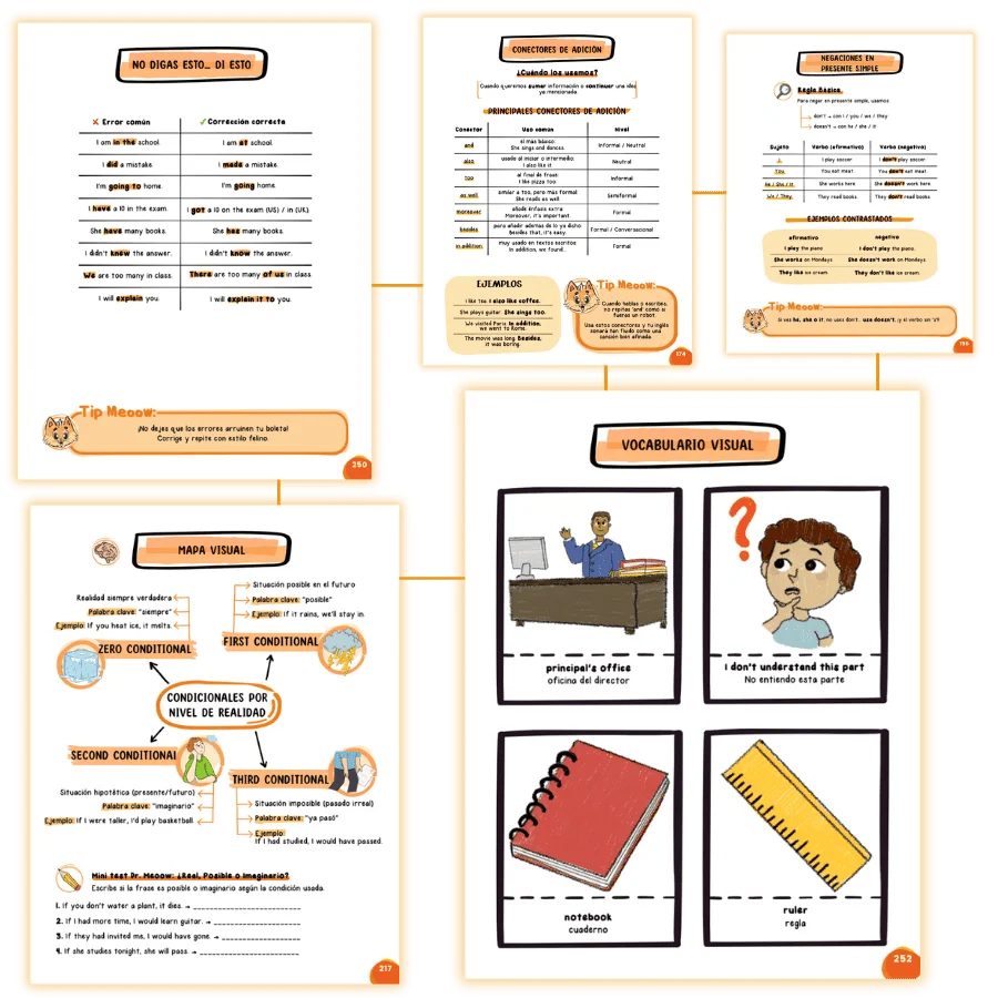 Visual del sistema de aprendizaje Dr. Meoow como solución completa para dominar inglés